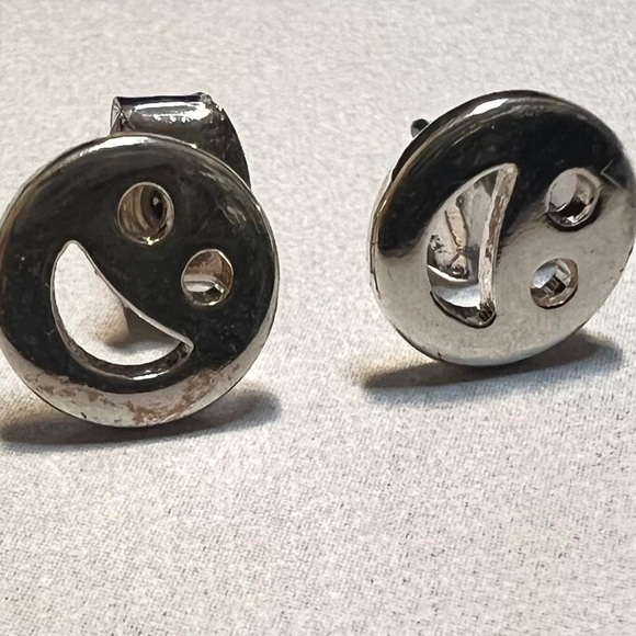 Smiley Face Stud Earrings – Silver-Tone Fun Fashion Jewelry - Picture 2 of 3
